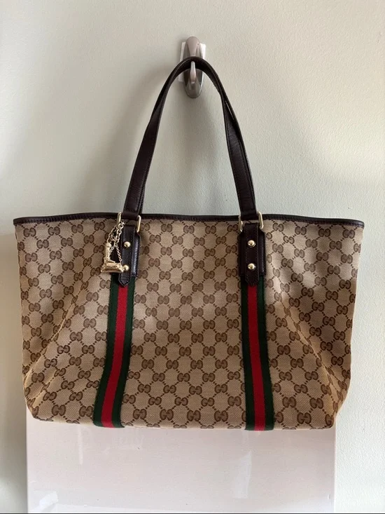 Gucci Beige GG Canvas Tote with Green and Red Web Stripe and Dark Brown Trim - Picture 1 of 12